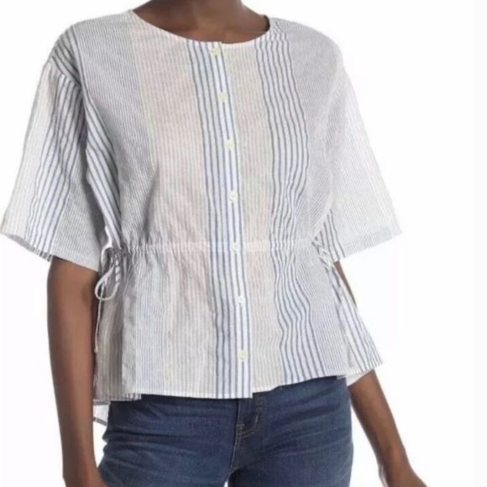 Madewell Stripe Drawstring Side Button Down Top S… - image 1